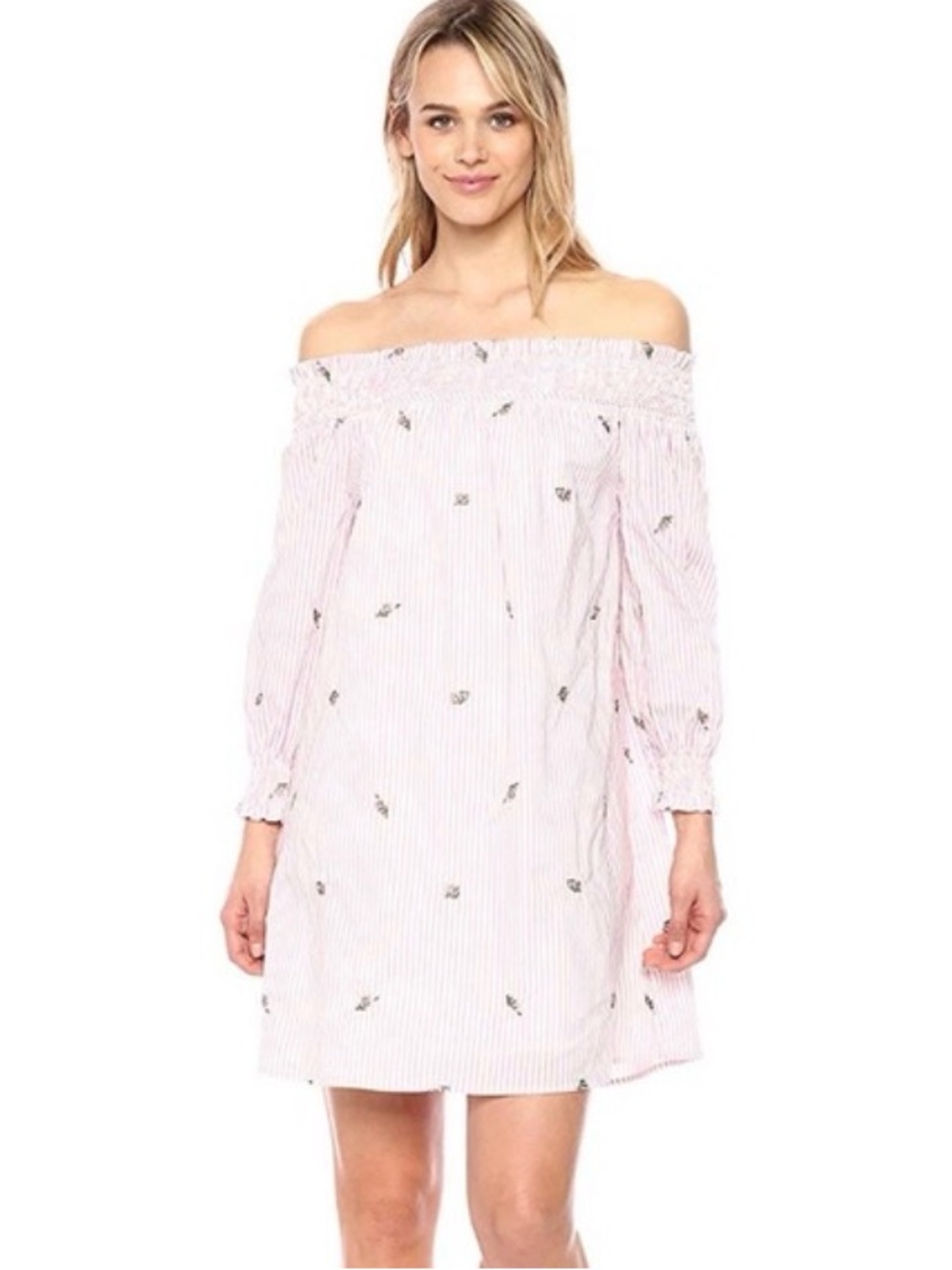 J.O.A. Los Angeles Off-The-Shoulder Floral Embroidered Striped Dress Small